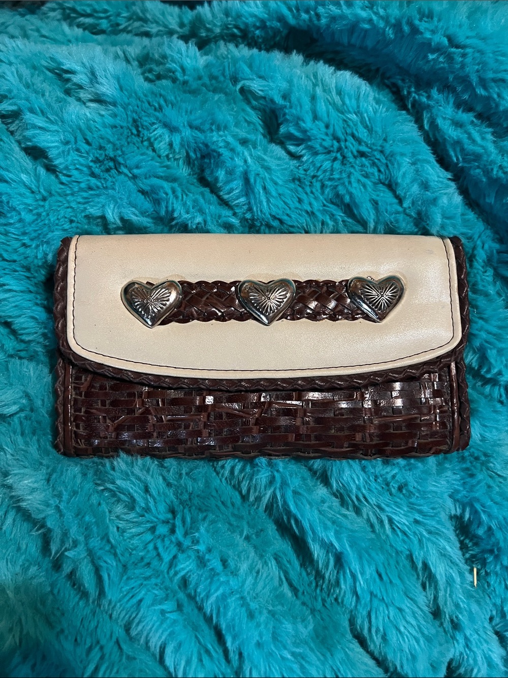 Cream and Brown Woven Heart Accent Wallet